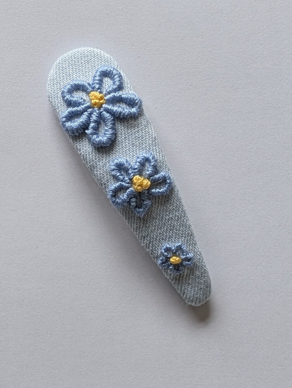 Forget-Me-Nots On Blue Chambray Large Hand Embroidered Handmade Cotton Hair Clip - Picture 4 of 5